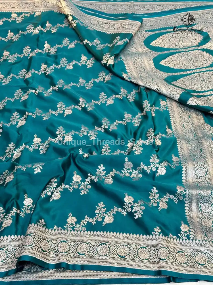 Turquoise Blue Mashru Katan Silk Leheriya Weave Banarasi Saree