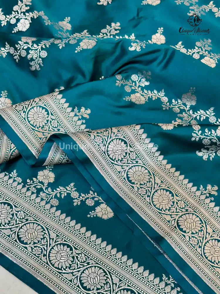 Turquoise Blue Mashru Katan Silk Leheriya Weave Banarasi Saree