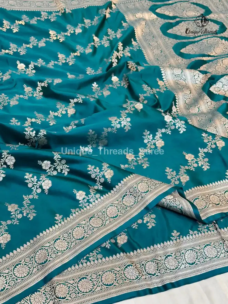 Turquoise Blue Mashru Katan Silk Leheriya Weave Banarasi Saree