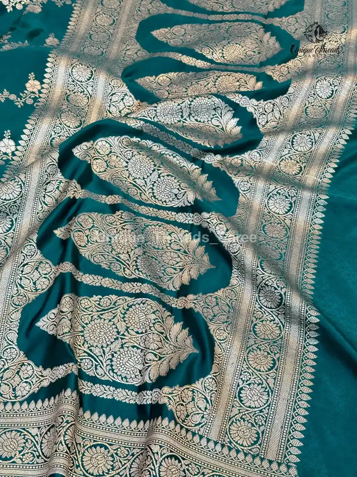 Turquoise Blue Mashru Katan Silk Leheriya Weave Banarasi Saree