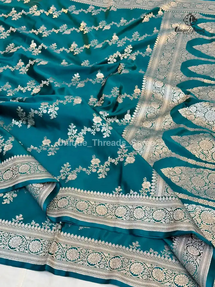 Turquoise Blue Mashru Katan Silk Leheriya Weave Banarasi Saree