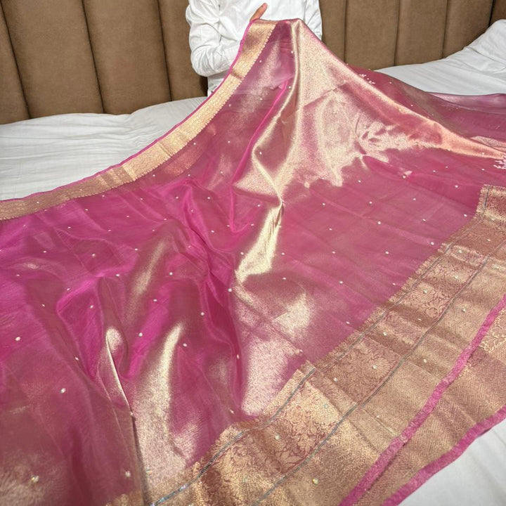 Barbie Pink Kora Tissue Silk Embroidered Saree