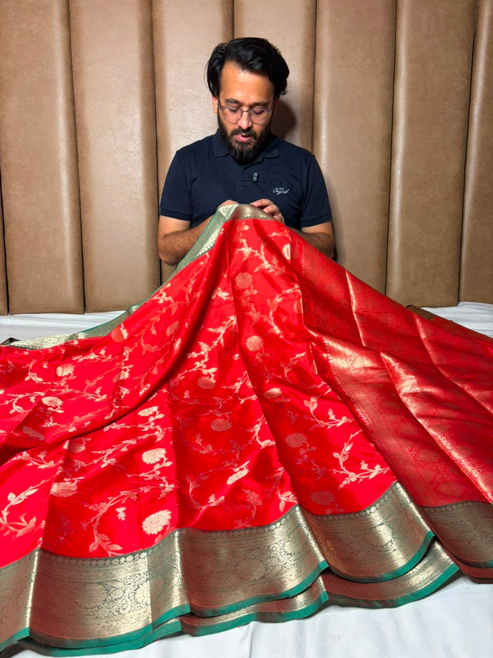Premium Banarasi Soft Silk Saree With Rich Zari Pallu And Blouse