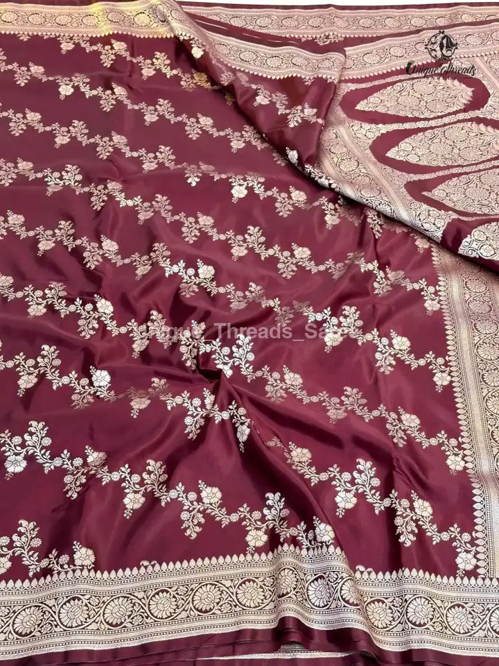 Wine Mashru Katan Silk Leheriya Weave Banarasi Saree
